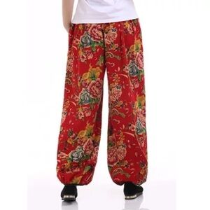 Boho Red floral printed wide leg  Balloon Pants